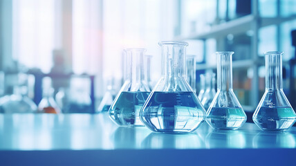 blue chemistry abstract background, copy background space with ampoules for chemical scientific expe