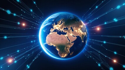 Poster -  Earth viewed from space with glowing data points and network connections, symbolizing global connectivity, technology, and future communications, rendered in ultra-high definition
