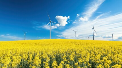 Wind turbines in a canola field.