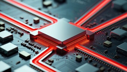 Poster -  Abstract close-up of metallic microchip circuitry with glowing red pathways, representing high-performance computing and microelectronics