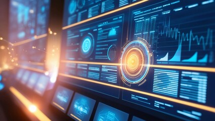 Poster -  Close-up of a glowing digital dashboard with intricate data and holographic displays, representing cutting-edge technology and real-time monitoring in an unpixellated futuristic environment