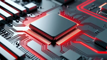 Poster -  Abstract close-up of metallic microchip circuitry with glowing red pathways, representing high-performance computing and microelectronics