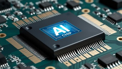 Poster -  Advanced AI Processor Chip with Digital Circuit Board Background, Highlighting AI Innovation and Technology