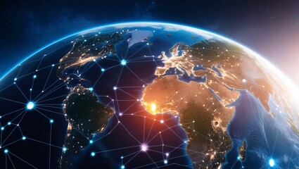 Poster -  Earth viewed from space with glowing data points and network connections, symbolizing global connectivity, technology, and future communications, rendered in ultra-high definition