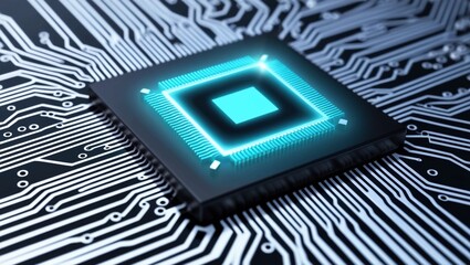 Poster -  Detailed rendering of a digital circuit with a central glowing microchip, representing cutting-edge technology and data processing, captured in a clear, unpixellated image