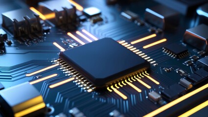 Poster -  Close-up of a glowing circuit board with prominent microchips and orange lines, representing advanced technology and electronics in a detailed, sharp, unpixellated image