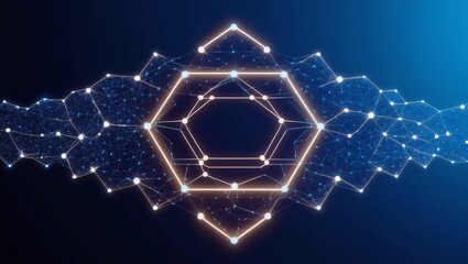 Poster -  Abstract glowing hexagonal grid on a deep blue background, representing blockchain technology, futuristic networking, and digital infrastructure