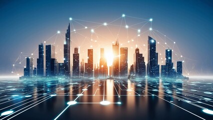 Poster -  Digital representation of a glowing cityscape with connected networks, symbolizing smart cities and futuristic technology in an ultra-clear, high-resolution image