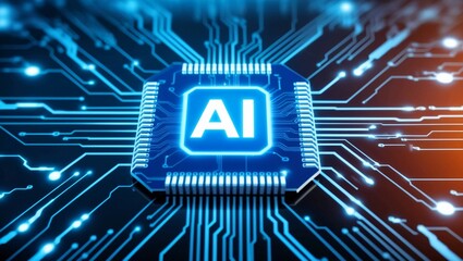 Poster -  Futuristic AI Circuit Chip Glowing in Blue with a Background of Digital Networks and Data Streams