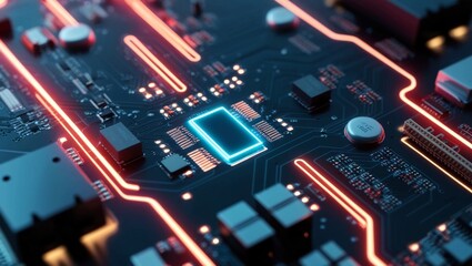 Poster -  Futuristic AI Circuit Chip Glowing in Blue with a Background of Digital Networks and Data Streams