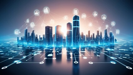 Poster -  Digital representation of a glowing cityscape with connected networks, symbolizing smart cities and futuristic technology in an ultra-clear, high-resolution image