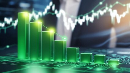 Poster -  Close-up of digital bar graph with glowing green elements and blurred background, symbolizing stock market trends and financial growth in the tech industry