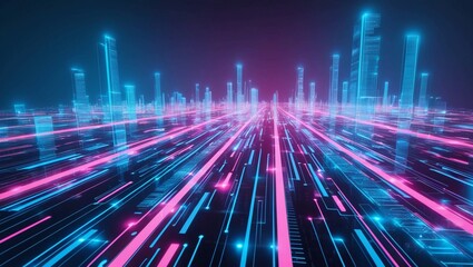 Poster -  A vibrant, abstract digital cityscape made of luminous blue and pink lines, symbolizing technological progress and data flow, captured in a crystal-clear, high-definition format