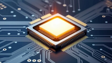 Poster -  A detailed 3D rendering of a microchip on a dark surface, with glowing orange circuitry, illustrating cutting-edge technology and innovation in electronics and hardware