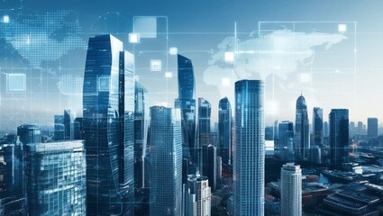 Poster -  Modern Cityscape Overlaid with Digital Data Grids and Futuristic Technology Highlights