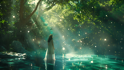 A girl in an enchanted forest stands near the stream, surrounded by magical fireflies that light up her path through ancient trees and delicate flowers, Generative AI