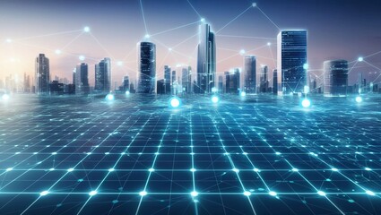 Poster -  Digital city grid with glowing nodes and connected buildings, representing a futuristic smart city and network infrastructure in a clear, ultra-sharp format