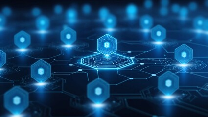 Poster -  Dark blue technological grid with glowing blue hexagonal nodes, representing blockchain, AI networking, and secure data architecture