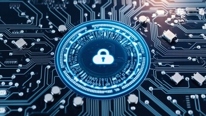 Poster -  Close-Up of a Digital Blockchain Chain with Circuit Board Background, Representing Cybersecurity and Technology