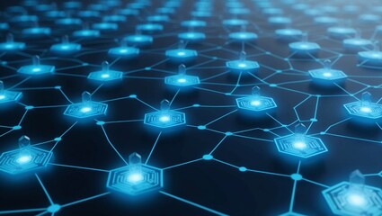 Poster -  Dark blue technological grid with glowing blue hexagonal nodes, representing blockchain, AI networking, and secure data architecture