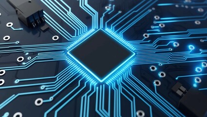Poster - A  Futuristic Circuit Board with Glowing Blue Elements and Data Flow on a Digital Grid Background