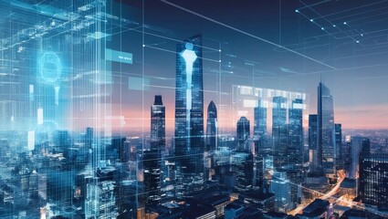 Poster -  Modern Cityscape Overlaid with Digital Data Grids and Futuristic Technology Highlights