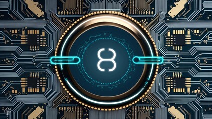 Poster - A  Close-Up of a Digital Blockchain Chain with Circuit Board Background, Representing Cybersecurity and Technology