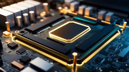 Poster - The Close-up of a single glowing microchip embedded on a digital motherboard, representing powerful computing technology and innovation in an ultra-clear, high-definition format