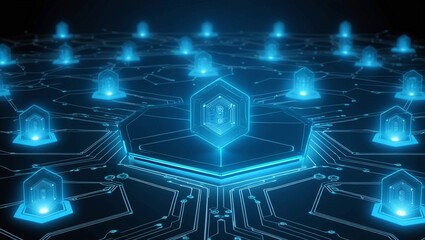 Poster -  Dark blue technological grid with glowing blue hexagonal nodes, representing blockchain, AI networking, and secure data architecture