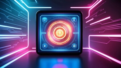 Poster -  Single digital screen displaying holographic data, with a sleek sci-fi interface glowing with vibrant neon colors, representing advanced technology and future communications