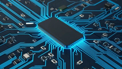 Poster -  Futuristic Circuit Board with Glowing Blue Elements and Data Flow on a Digital Grid Background
