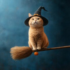 Whimsical orange cat in a witch hat on a broomstick