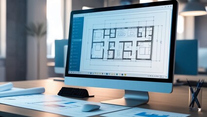 Poster -  Futuristic workspace with a computer monitor displaying architectural blueprints, symbolizing modern design and technology-driven innovation in a sharp, high-resolution image