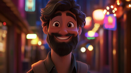 Animated character with a cheerful expression walking through a vibrant, lantern-lit street at night