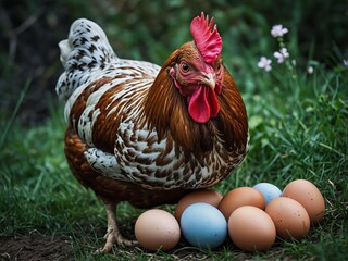 A close-up of a hen standing proudly beside a collection of multicolored eggs on green grass, symbolizing farm life and natural egg production.
