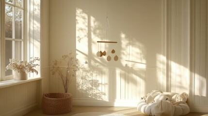 Wall Mural - Minimalist and cozy nursery dcor with a hanging mobile and warm natural lighting pouring into the serene peaceful room  Soft neutral tones and an organic