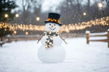 Festive Snowman with Lights and Scarf in Winter Wonderland