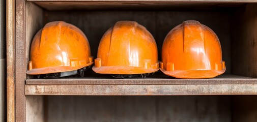 Three orange safety helmets neatly arranged on a wooden shelf, symbolizing workplace safety and construction readiness, isolated on white background.