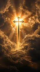 Poster - Radiant cross emerging from golden clouds