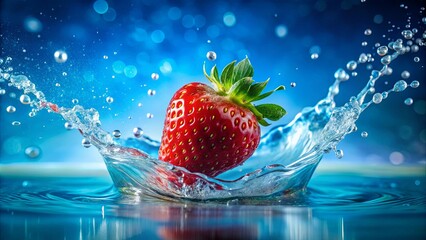 Wall Mural - A Single Strawberry Plunges into a Splash of Aqua, Creating a Vibrant Display of Liquid Motion