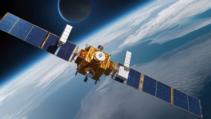 Poster -  High-Resolution Satellite Orbiting Earth Capturing the Beauty of Space with Detailed View of Panels and Planet