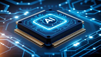Poster -  Close-up of an intricate digital circuit board with glowing blue lines, symbolizing advanced technology and data processing, rendered in sharp, high-definition detail