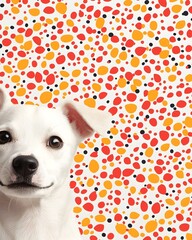 Playful white dog against a colorful abstract background