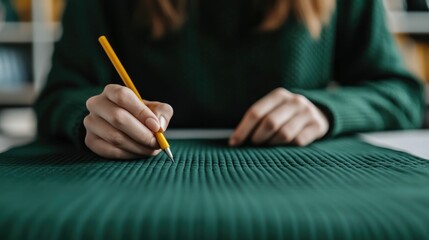 Fashion designer sketching sustainable clothing designs experimenting with eco friendly fabric swatches in a cozy organized studio workspace  The deep depth of field emphasizes the creative