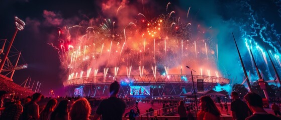 Wall Mural - A vibrant scene in London: a crowd outside Olympic Stadium captivated by colorful fireworks, illuminating the night sky with joy and celebration.