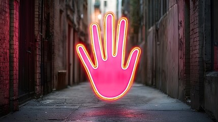 Wall Mural - Neon hand sign illuminating a narrow urban alleyway