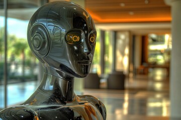 A statue of a humanoid figure with a head made of headphones, suitable for use in designs related to technology and music