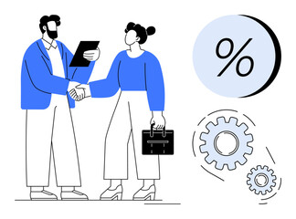 Two professionals shaking hands, one holding a briefcase and the other paperwork. Percentage symbol and two gears represent financial agreement and collaboration. Ideal for business deals