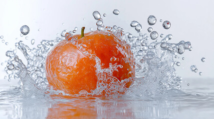 Sticker - A splash of water surrounds a single orange. The orange is partially submerged in the water, with its stem visible above the surface.