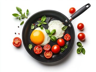 fried eggs with tomato in a pan